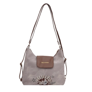 Borsa a tracolla in tela vintage con patta in pelle marrone e stampa baseball retrò