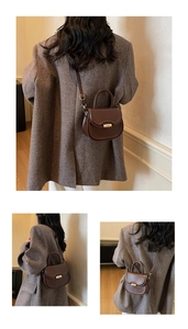 Detailed views of a dark brown leather saddle bag featuring a gold cylindrical lock buckle