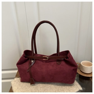 Retro burgundy suede tote bag with brown leather handles and adjustable metal buckle strap