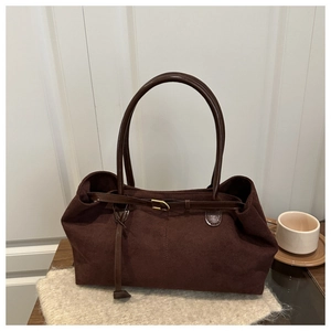 Dark brown faux suede tote bag with minimalist gold buckle and slim straps for women