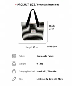 Detaillierte Größentabelle für gestreifte Canvas-Tasche mit Maßen 30x9x23cm und Funktionen