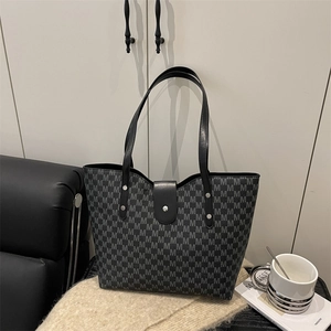 Minimalist large grey tote bag with M-letter pattern and black shoulder straps
