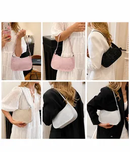 Detailed views of sparkly sequin underarm bags in pink, black, gold, and silver colors