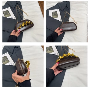 Detailed views of dark brown glossy shoulder bag with wavy gold metal decorative trim