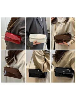 Collage of chic oil wax leather shoulder bags in four colors with gold chain straps