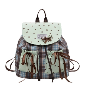 Sac à dos d'école à carreaux avec poches étoiles vert menthe et nœud doux