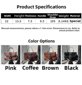 Detailed view of women's vintage handbag showing four color options and product dimensions