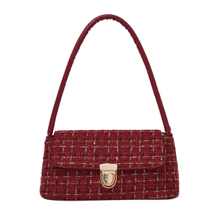 French style red tweed shoulder bag with gold metal lock and woven metallic details