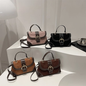 Retro faux suede crossbody bags for women with leather trim and gold buckle detail