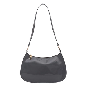 Sac à main baguette en similicuir gris foncé brillant avec détails métalliques dorés