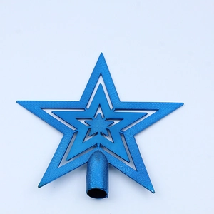 Close-up of a blue three-tier hollow star Christmas tree topper with textured finish