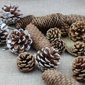 Natural pine cones with snow effect on burlap background for Christmas decor