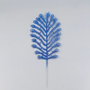 Sparkly blue Christmas tree branch with glitter peacock feather design for holiday decor