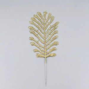 Golden glitter artificial leaf pick in feather shape for Christmas tree decoration