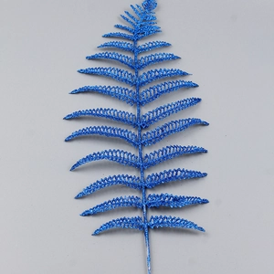 Detailed view of artificial blue glitter leaf for Christmas tree decoration
