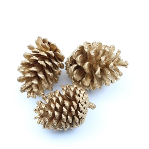 Three natural golden pine cones with metallic finish for Christmas tree decoration