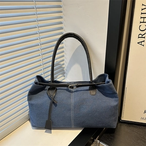 Borsa Tote in Denim da Donna Grande Capacità Stile Coreano Retro Borsa a Spalla Chiusura Magnetica Cuciture a Contrasto Casual
