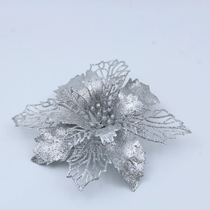 Sparkling silver glitter artificial Christmas flower with hollowed design for DIY decor
