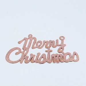Rose gold Merry Christmas metal hanging sign with elegant script and dotted texture