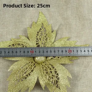Detailed top view of 25cm golden glitter Christmas flower ornament with ruler measurement