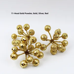 Macro shot of 11-head gold glitter berries for Christmas wreaths and holiday tree decor