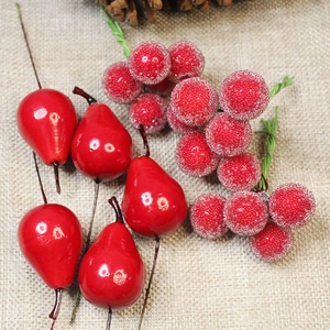 Artificial Christmas Red Berries Frosted Pear Decoration For Wedding Party Holiday DIY Wreath Accessory Foam Fruit