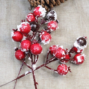 Close-up of snowy red and purple holly berries on a branch for Christmas decor