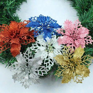 Glitter hollow artificial flowers in six colors for Christmas tree and wreath decoration