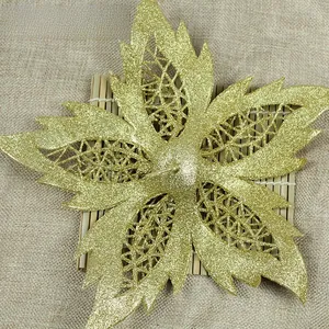 Rear view of gold glitter hollow mesh artificial flower for Christmas tree decor