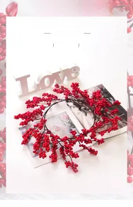 Detail of Christmas wreath with vibrant red berries on a minimalist white background