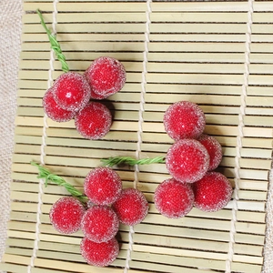 Close-up of three frosted red berry clusters with icy texture on green wire stems