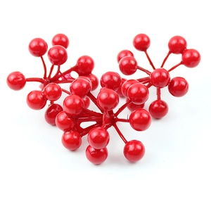 Artificial red Christmas berries with eleven heads and shiny glitter powder for tree decoration
