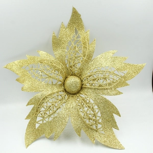 Macro detail of 25cm golden glitter artificial Christmas flower with hollow mesh petals
