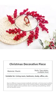 Close-up of red berry Christmas wreath on rustic woven mat with white plush background