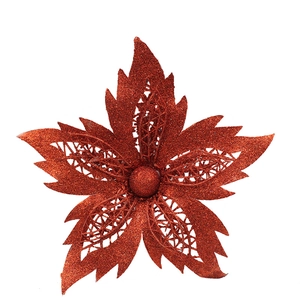 Red glitter Christmas tree decoration flower with hollow petals for festive wreaths