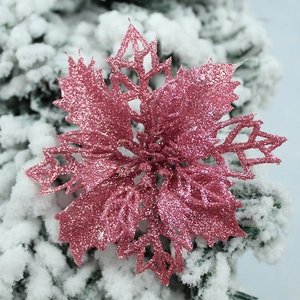 Pink glitter poinsettia artificial flower decoration for Christmas tree ornament