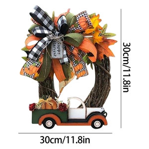 Couronne d'automne de 30 cm avec camion rétro, citrouilles et nœud Happy Harvest