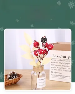 Détail de branches de grenades artificielles rouges et noires avec neige décorative