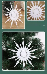 Macro detail of white glitter snowflake ornament with hanging hole for Christmas tree décor