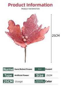 Detailed view of pink glitter artificial flower 25cm for Christmas tree decoration