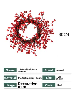 Detail view of 30cm artificial Christmas wreath with 15 heads of vibrant red berries