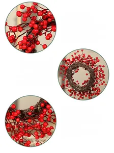 Detailed view of handcrafted 30cm Christmas wreath with realistic red berries and rustic rattan