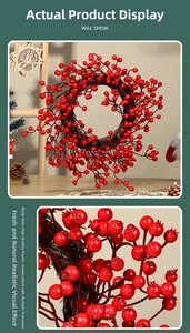 Close-up of handmade red berry Christmas wreath featuring lifelike artificial berries