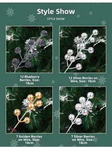 Detailed view of 18cm Christmas berry stems in gold, silver and blue for DIY wreaths