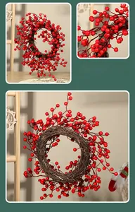 Macro detail showing realistic red berry textures on a 30cm artificial Christmas wreath