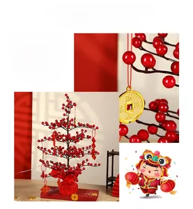 Close-up of Chinese New Year red berry tree with LED lights and golden fortune coins