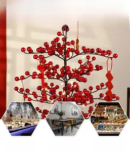 Artificial red berry tree with LED lights and festive tags for multi-scene holiday decor