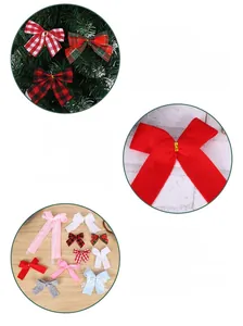 Close-up of assorted plaid and lace Christmas bows for festive tree and gift decoration
