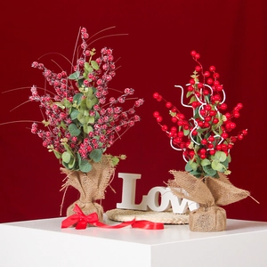 Plantes de baies de houx rouges artificielles avec base en toile pour décor du Nouvel An