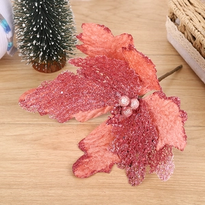 Glittery coral pink hollow Christmas flower with stem for festive tree decoration